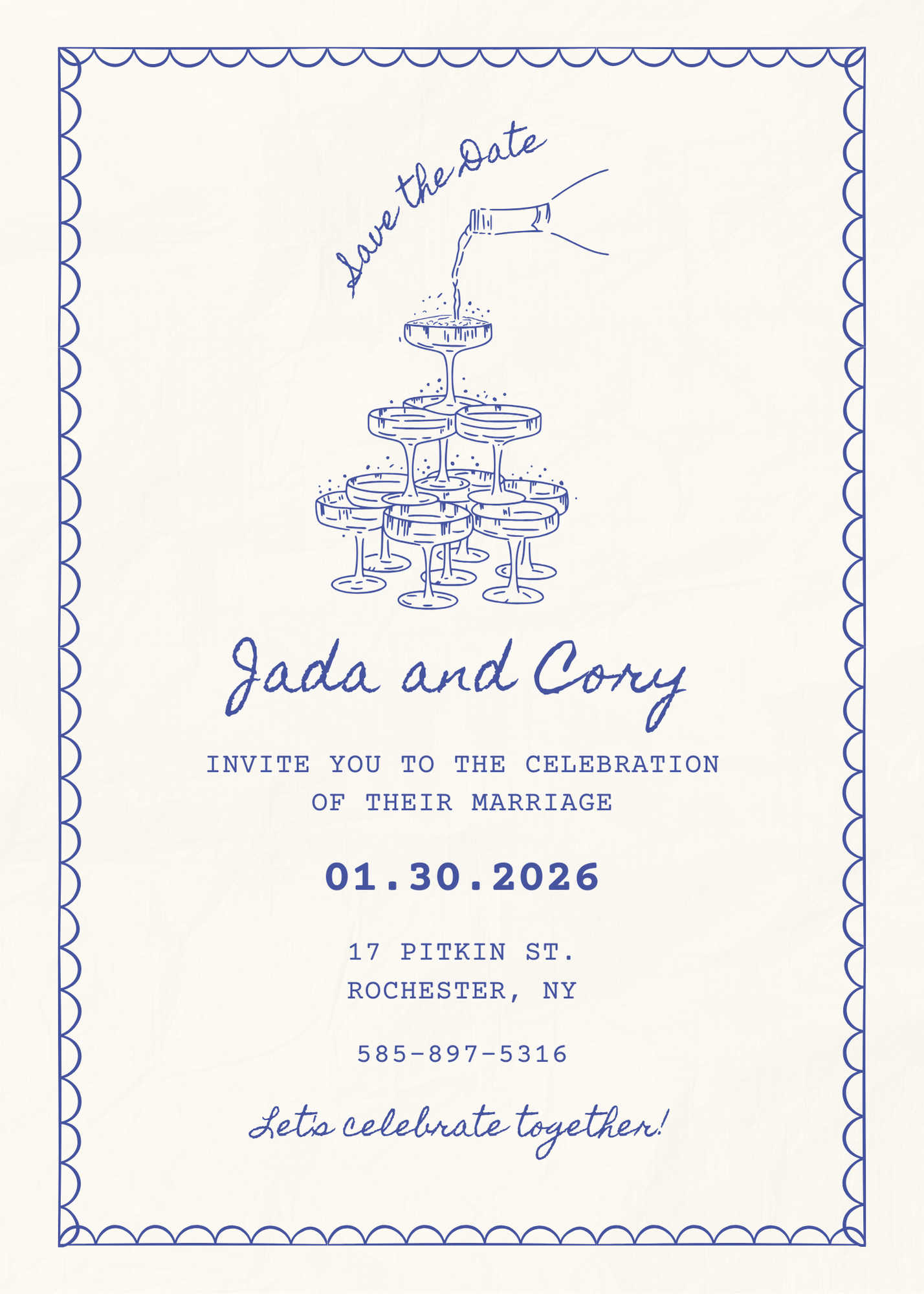 Blue and White outline Simple wedding invitation