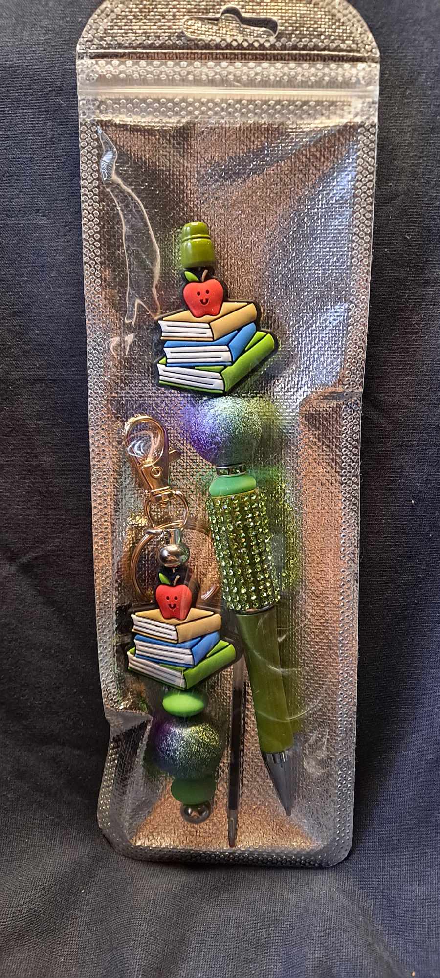 Books with apple focal green bling pen keychain set