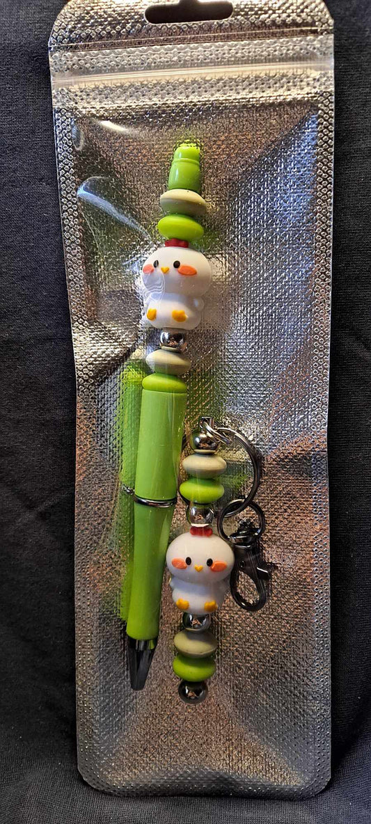 3D chicken focal light green pen keychain set