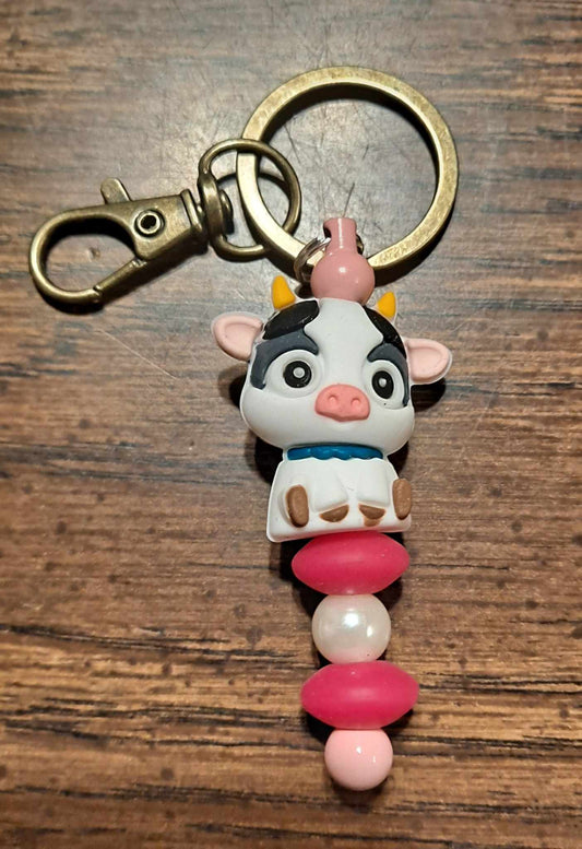 3D cow focal pink beads keychain