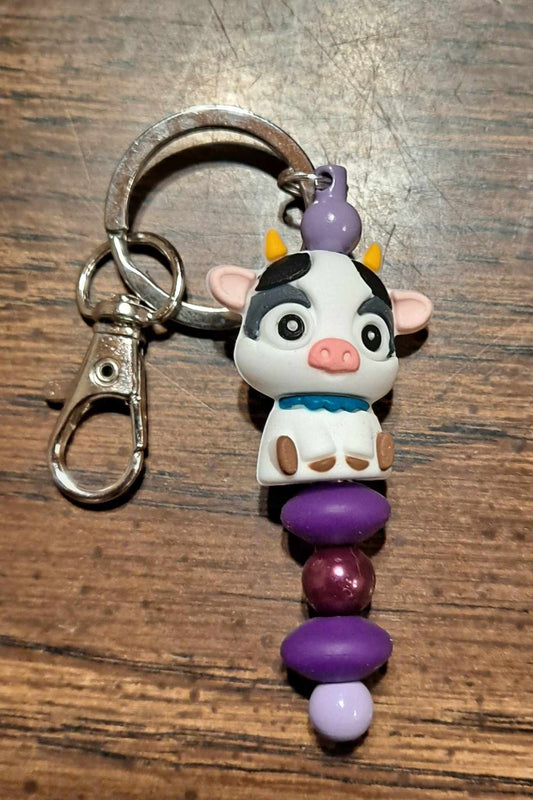 3D cow focal with purple beads keychain