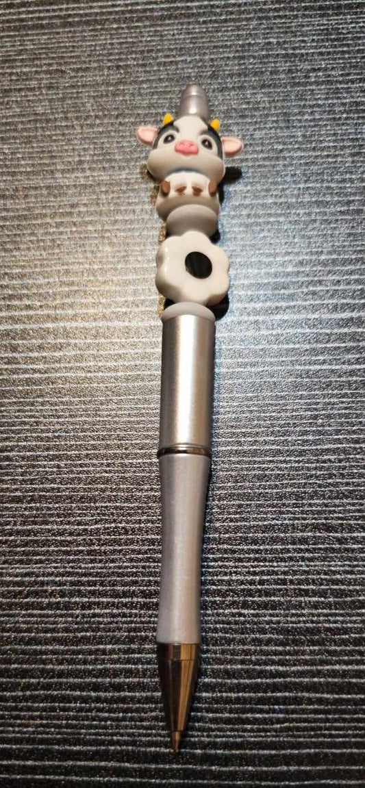 3D cow focal silver pen white flower bead