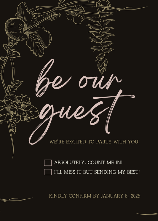 Black Floral outline Wedding RSVP Invitation