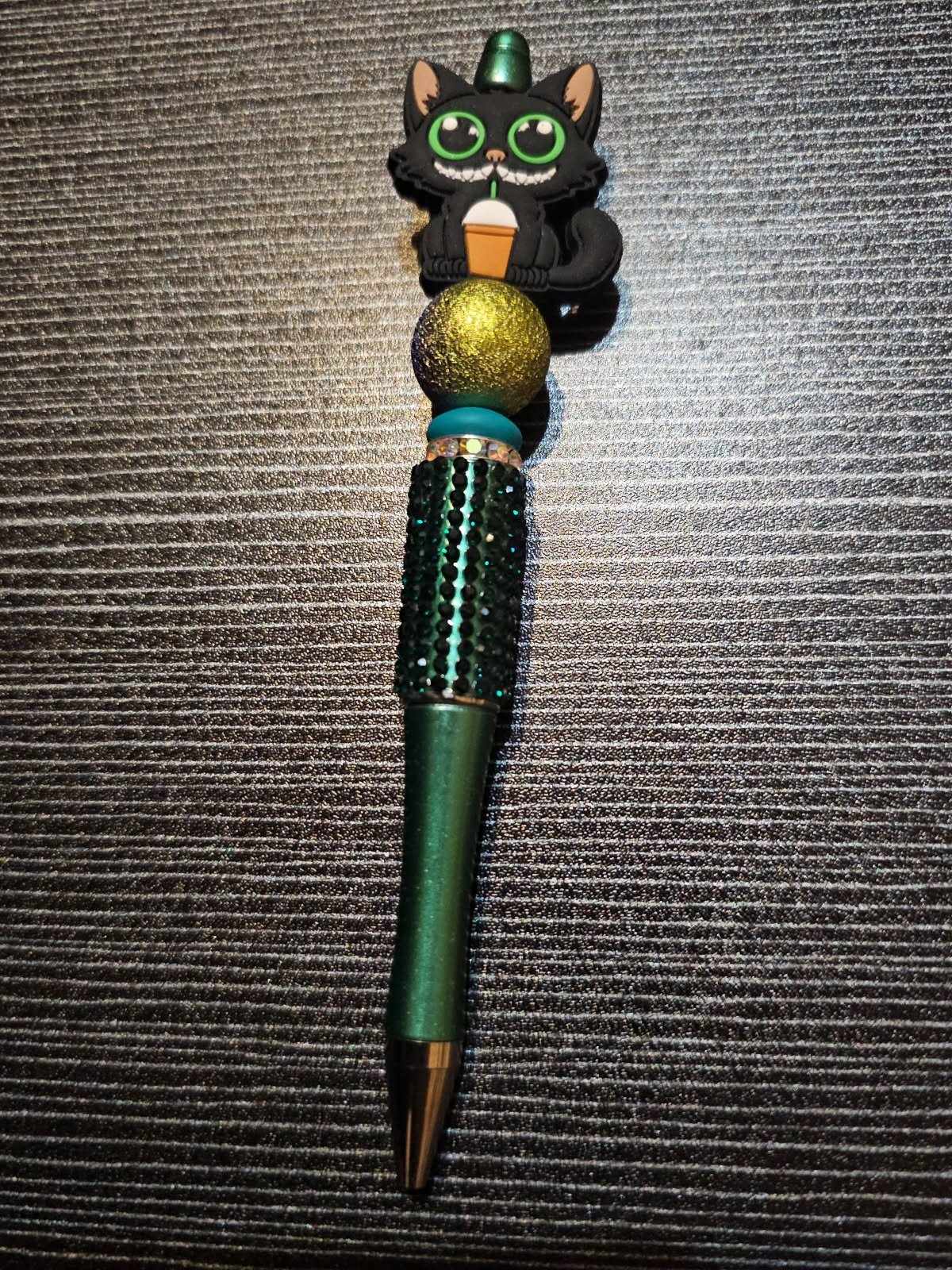 Black cat drinking frappe focal green bling pen
