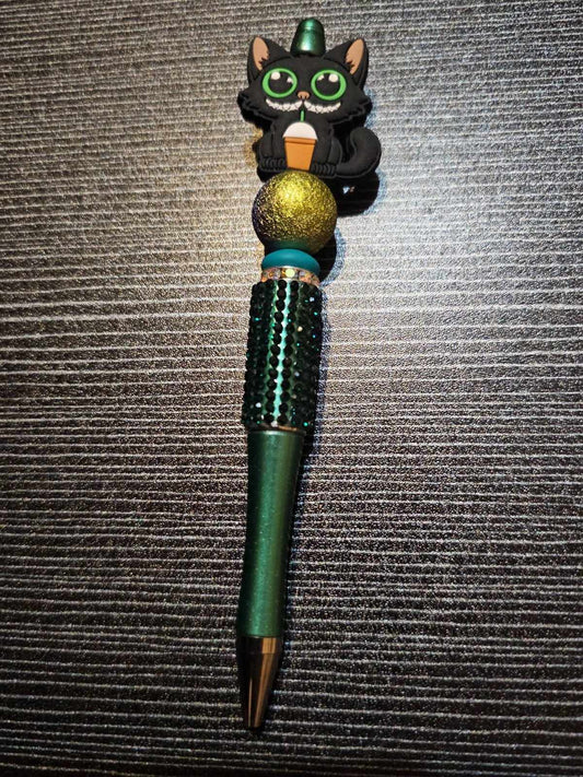 Black cat drinking frappe focal green bling pen