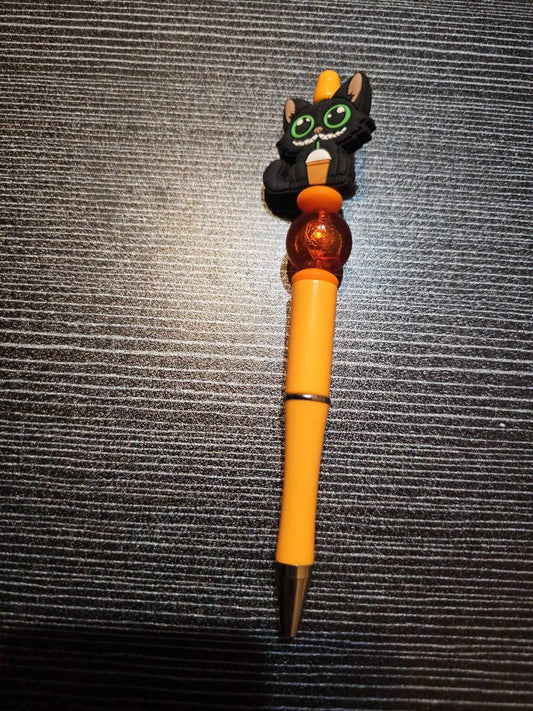 Black cat drinking frappe focal orange pen orange bead