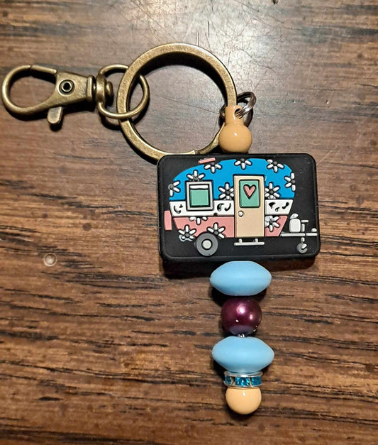 Black retro camper focal blue spacers keychain