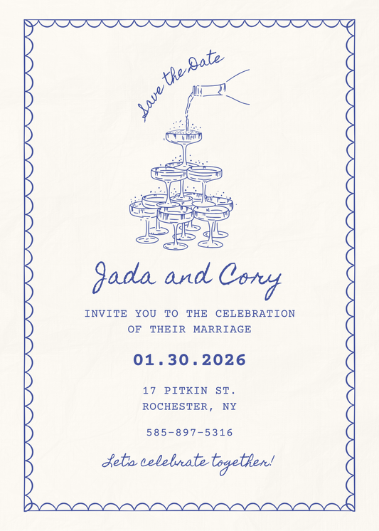 Blue and White outline Simple wedding invitation