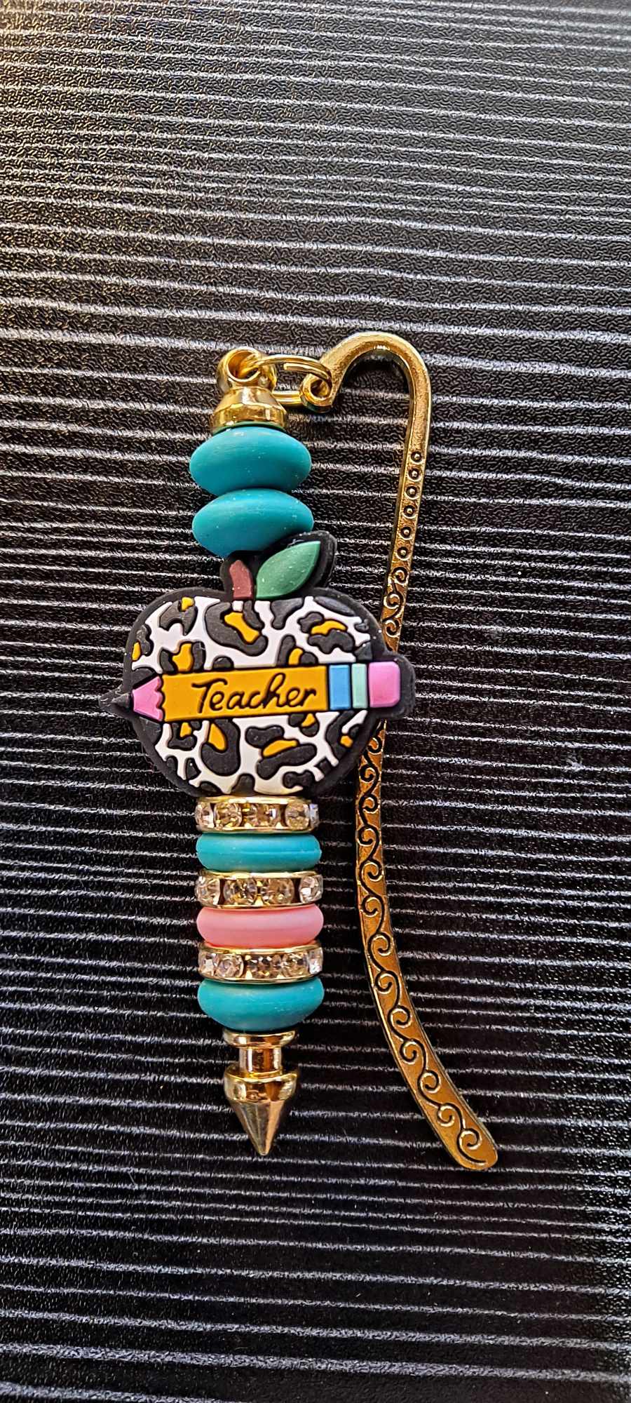 Cheetah print apple with teacher and pencil focal pink spacers bookmark