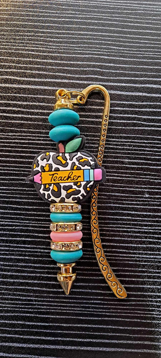 Cheetah print apple with teacher and pencil focal pink spacers bookmark