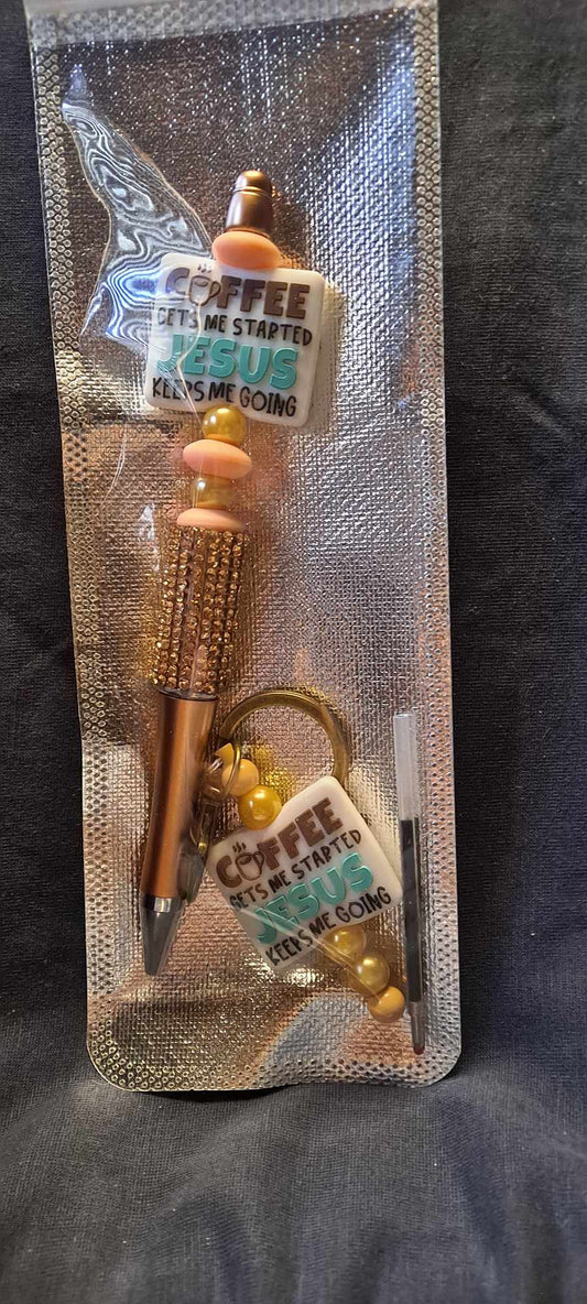 Coffee gets me started Jesus keeps me going focal gold pen and keychain set