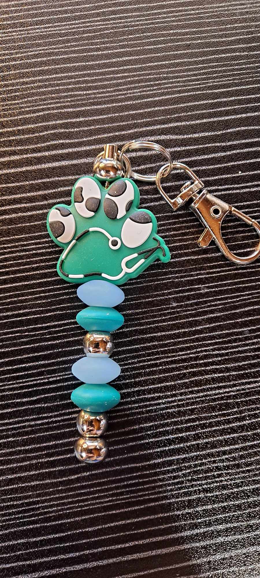 Green paw print stethescope blue focal beads keychain
