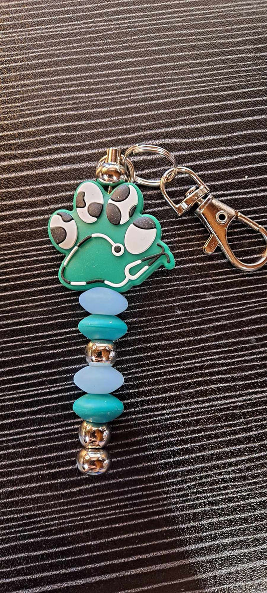 Green paw print stethescope blue focal beads keychain