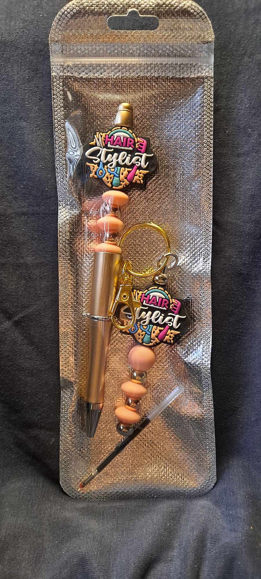 Hair stylist focal gold pen keychain set