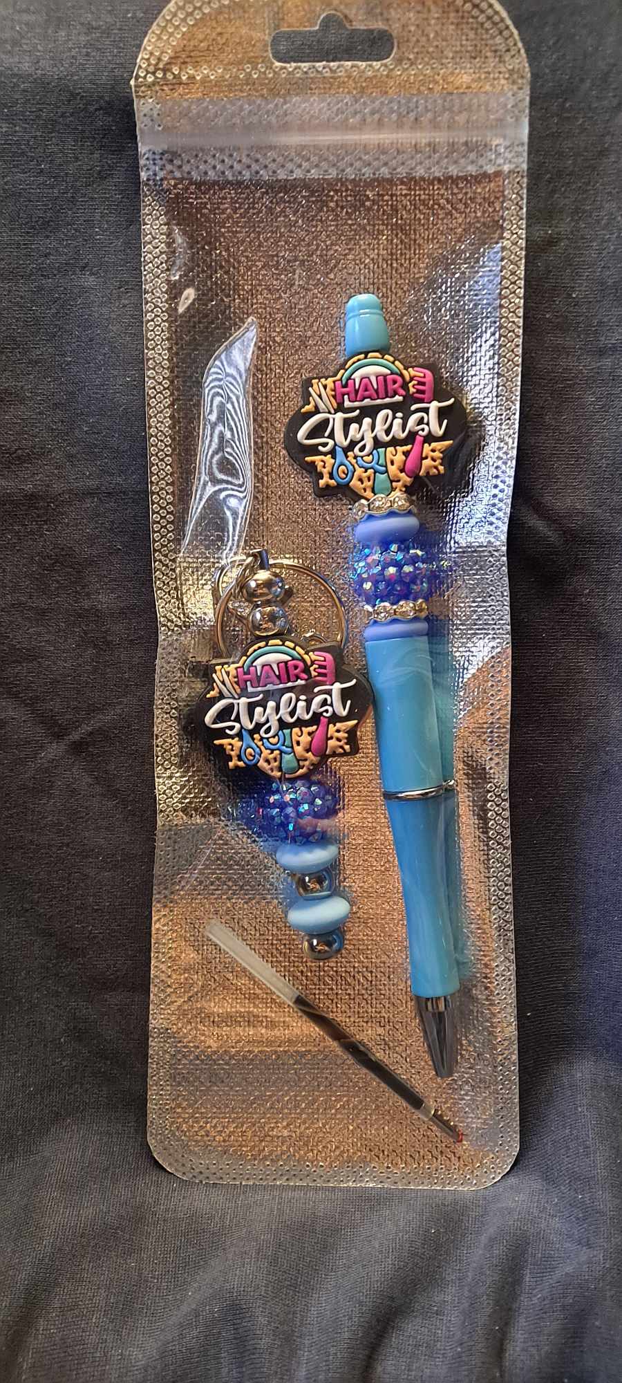 Hair Stylist focal light blue pen keychain set