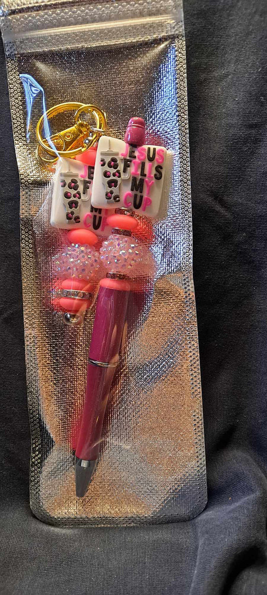 Jesus fills my cup focal pink pen and keychain set