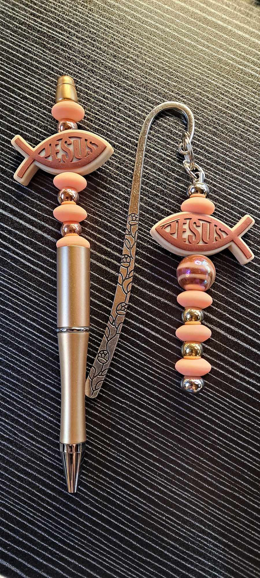 Jesus fish focal flesh beads pen and bookmark set