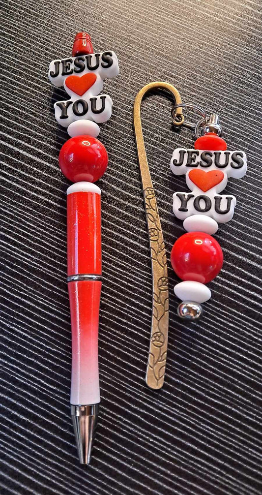 Jesus loves me focal red ombre pen matching bookmark set