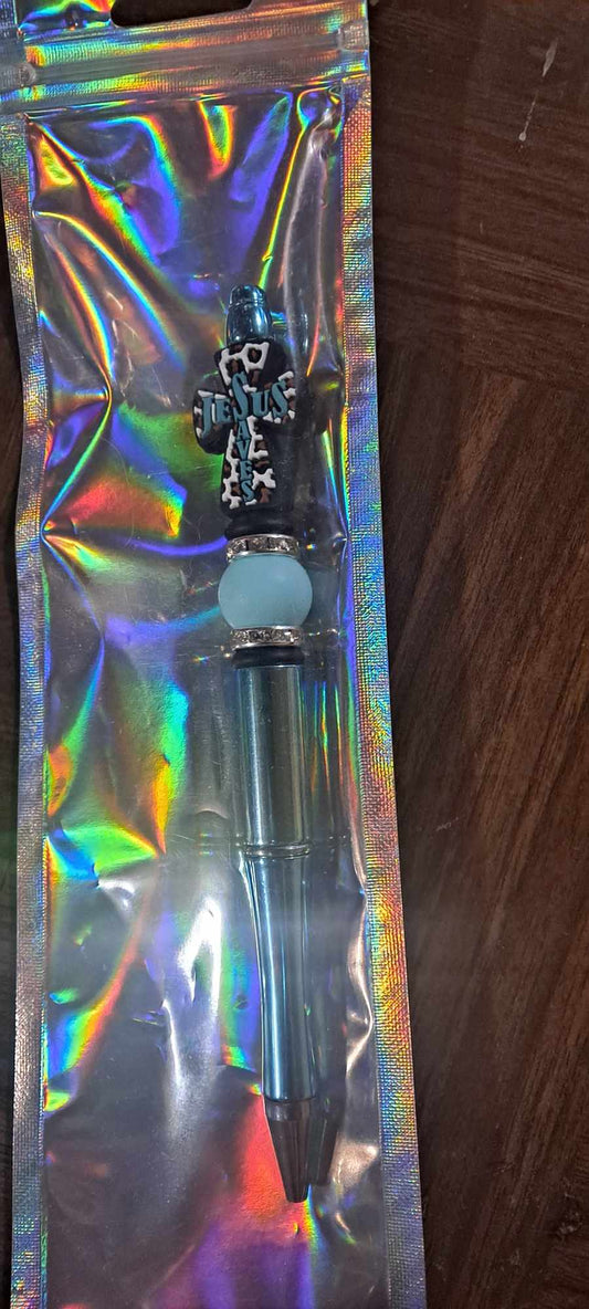 Jesus Saves teal cheetah cross teal pen