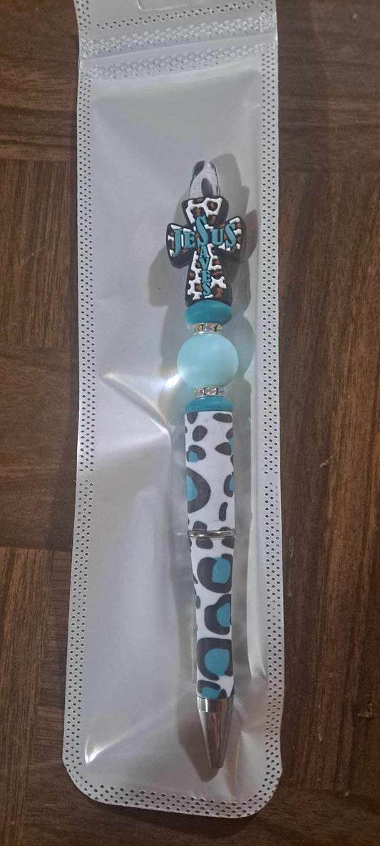 Jesus Saves teal cheetah cross focal cheetah pen