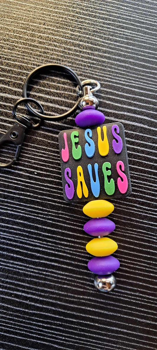 Jesus saves focal purple yellow beads keychain