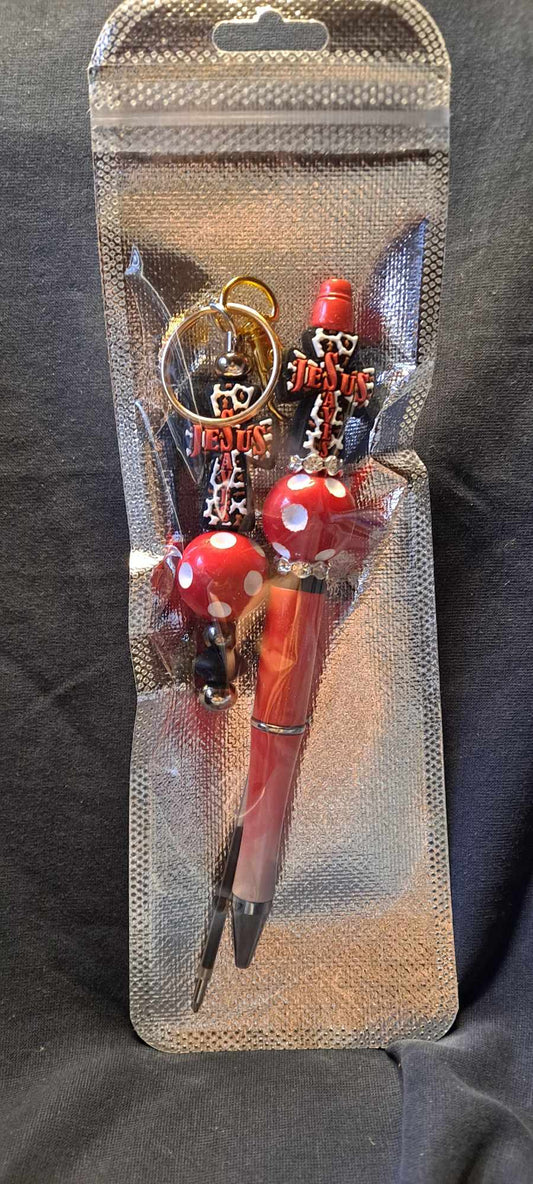 Jesus saves red cheetah cross focal red ombre pen keychain set