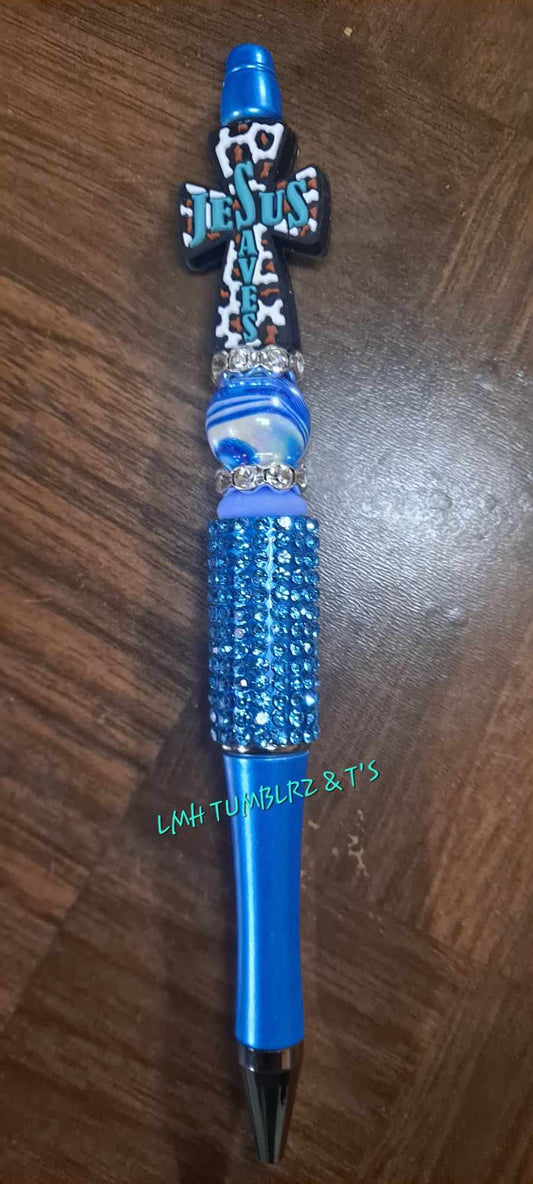 Jesus saves teal cross focal blue bling pen
