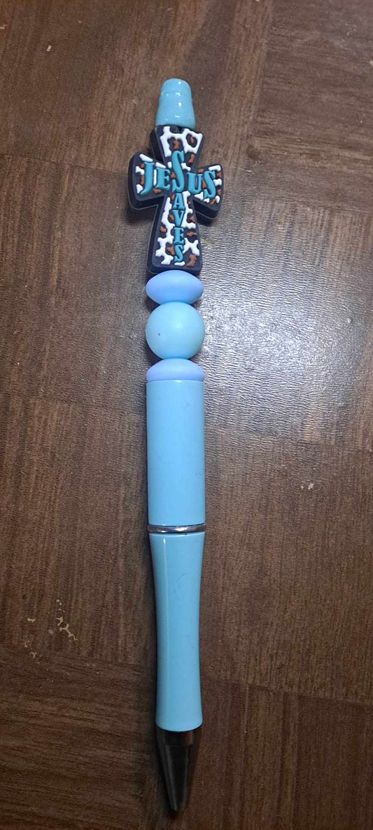 Jesus Saves teal cross focal light blue pen