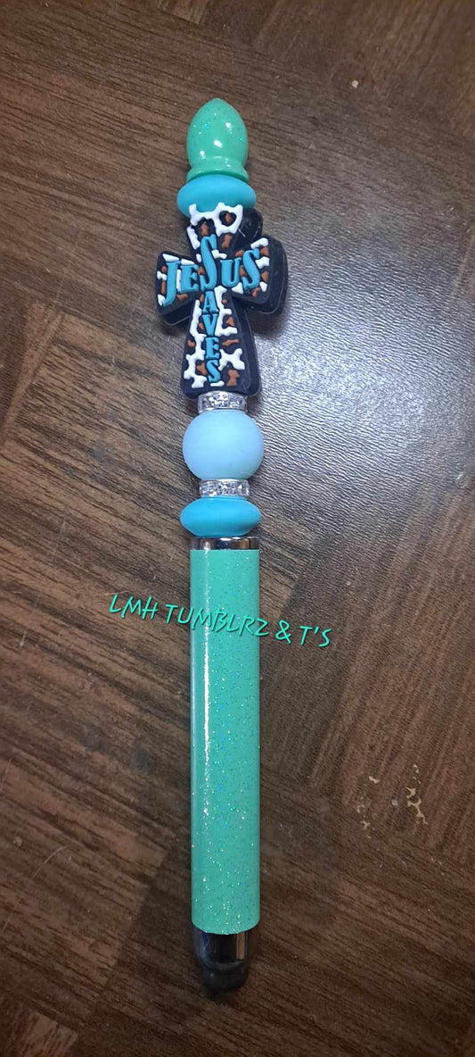 Jesus saves teal cheetah focal light green stylus pen