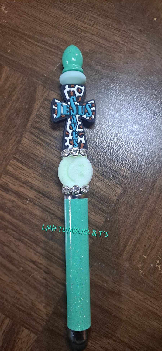 "Jesus Saves Teal Cheetah Focal Light Green Stylus Pen