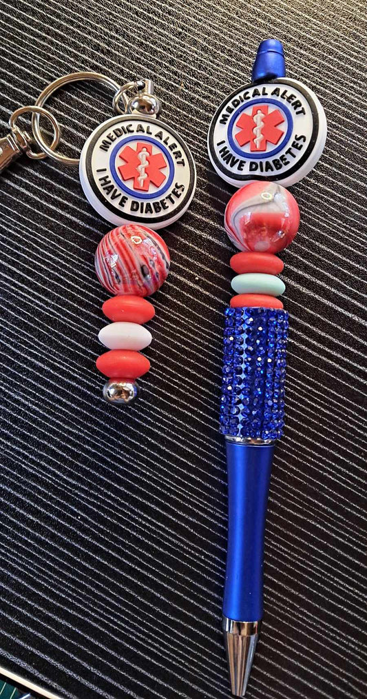Medical alert I have diabetes focal blue bling pen and matching keychain set
