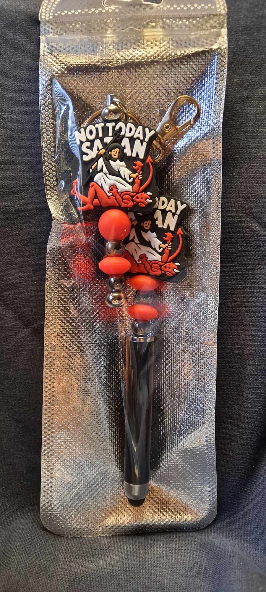 Not today Satan focal black stylus and keychain set