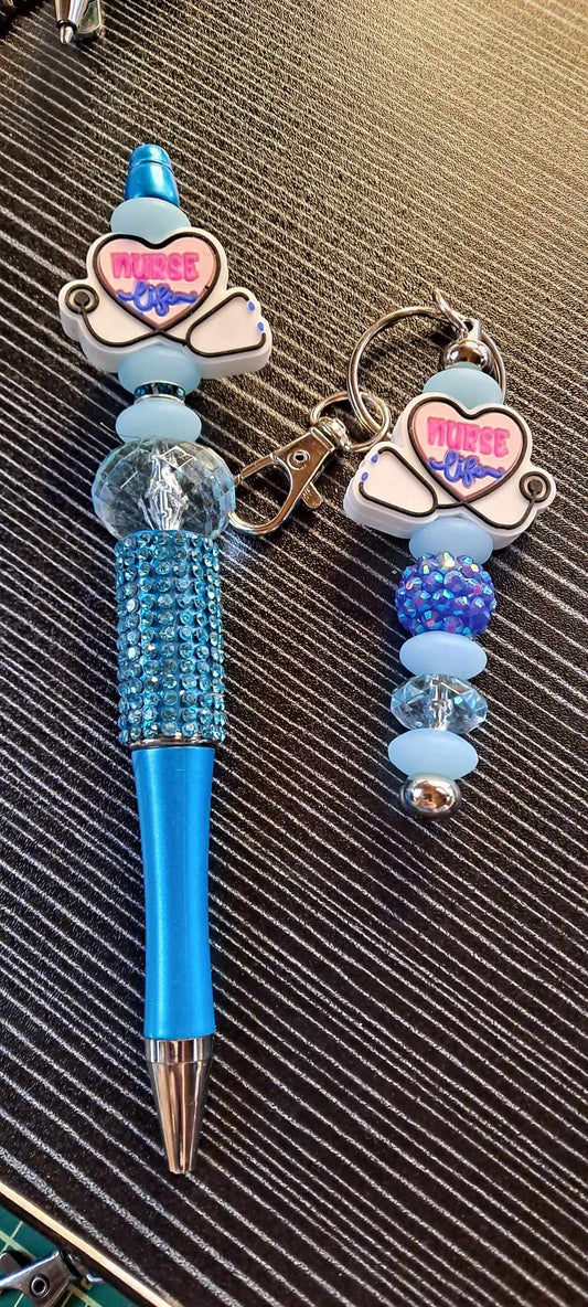 Nurse life stethescope focal blue bling pen and keychain set