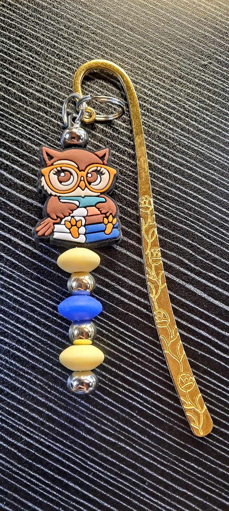 Owlette the book owl focal with blue yellow beads keychain