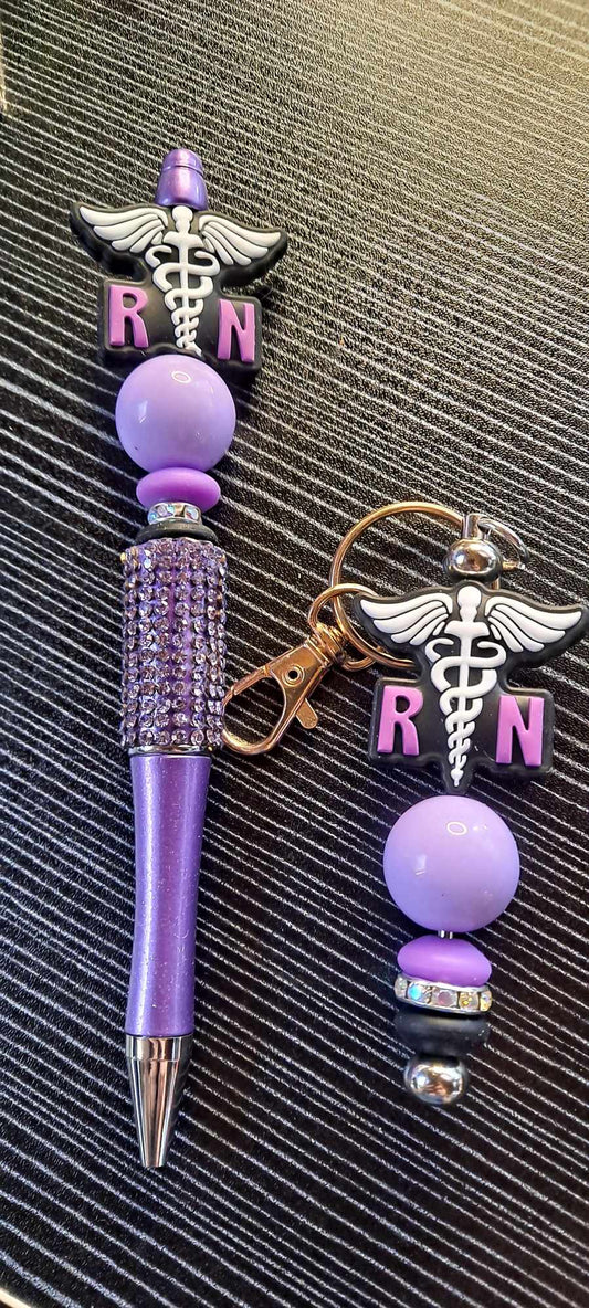 RN purple focal purple bling pen matching keychain set