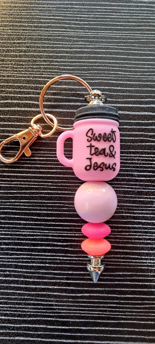Sweet Tea and Jesus focal with pink beads keychain