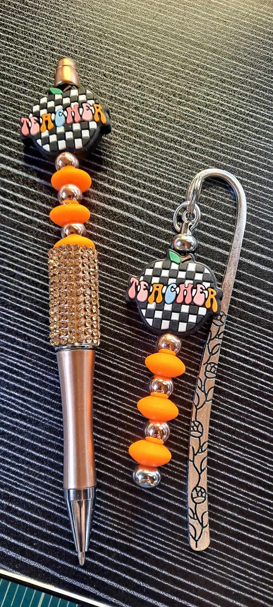 Teacher checkered apple focal bling pen and matching bookmark set