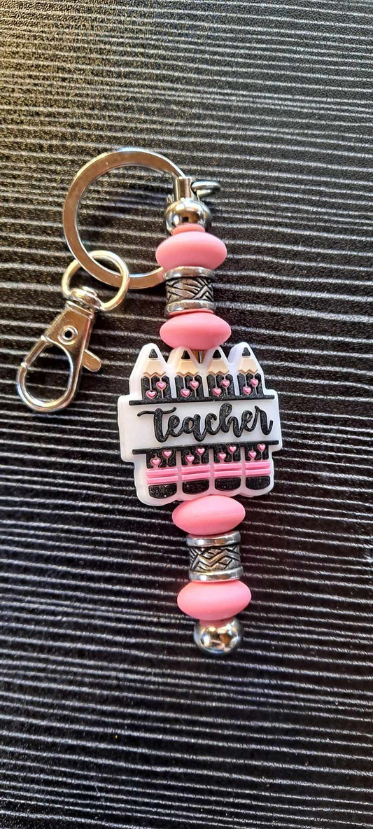 teacher pencils focal pink beads keychain