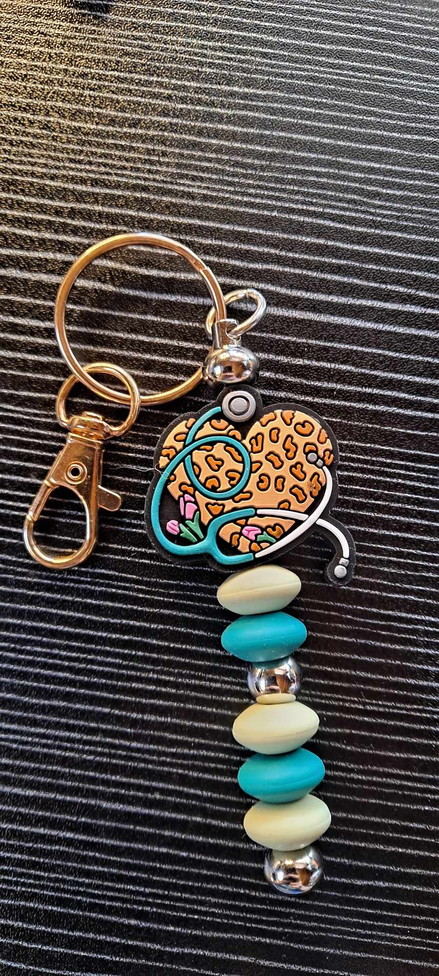 CHeetah print heart stethescope focal with blue yellow bead keychain