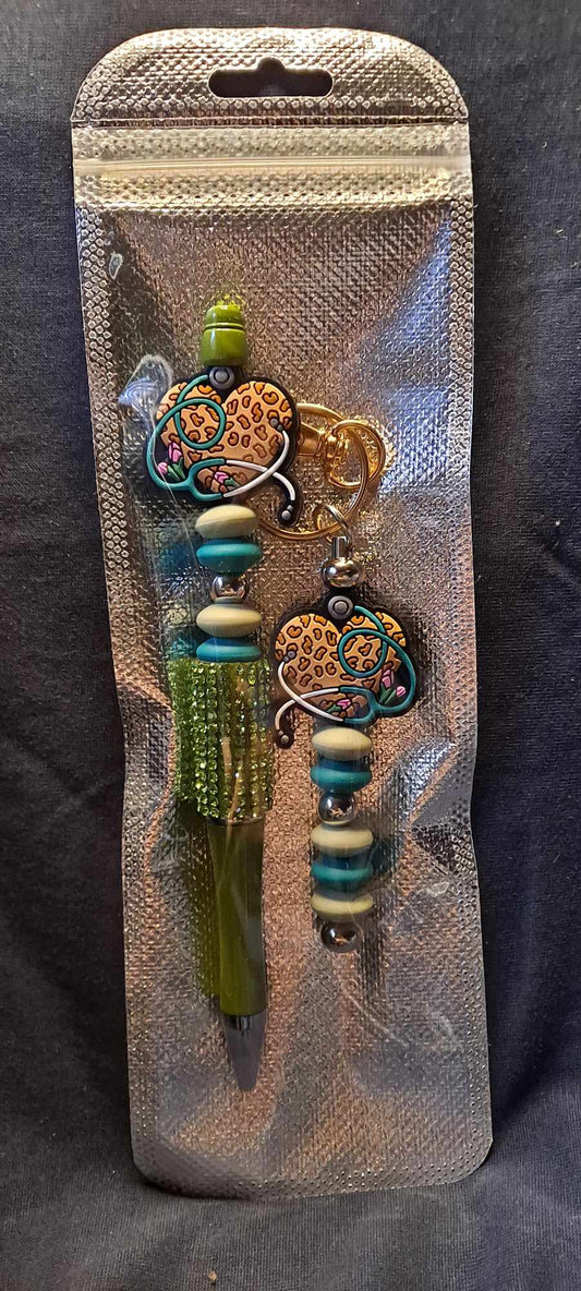 Cheetah heart stethescope focal green bling pen and keychain set