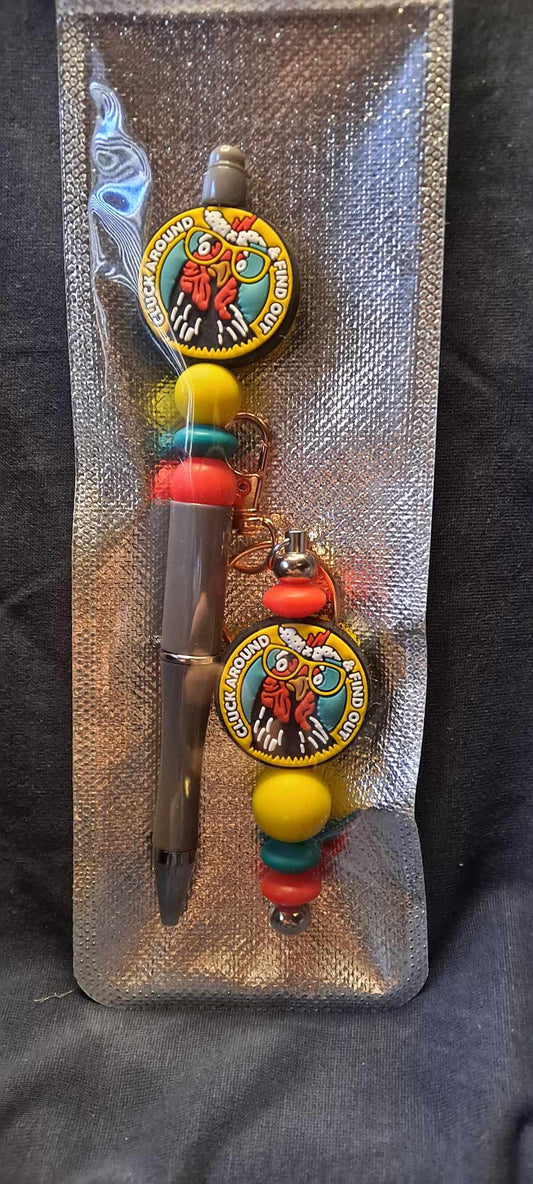 Cluck around and find out focal gray pen keychain set