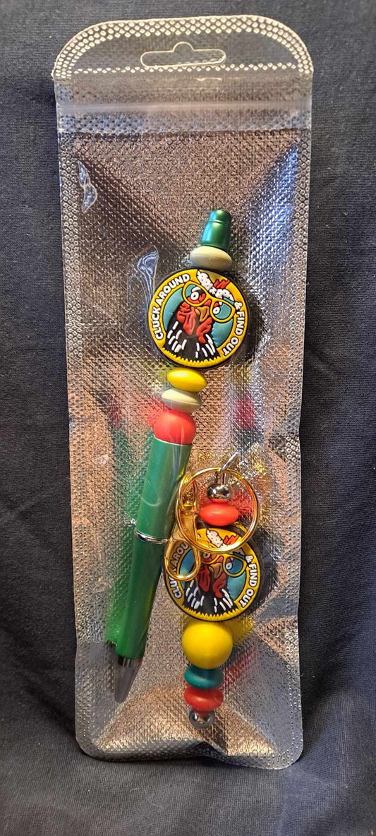 Cluck around and find out focal green pen and keychain set