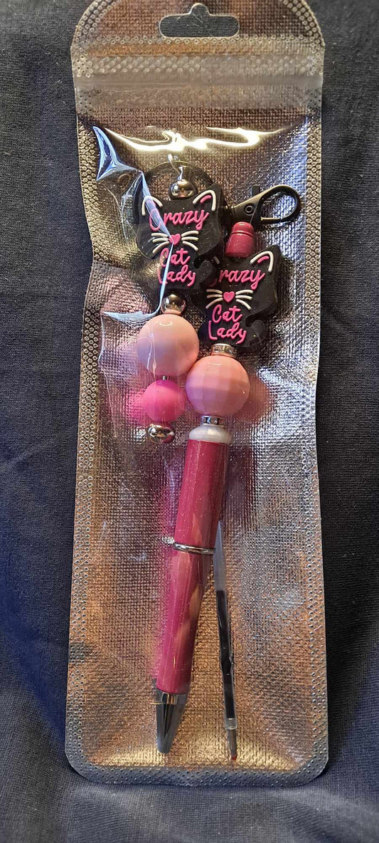 Crazy cat lady focal pink pen keychain set