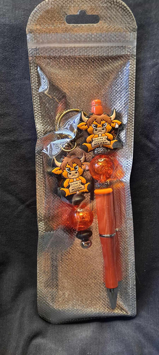 Don't Touch my pen heifer focal orange pen and keychain set