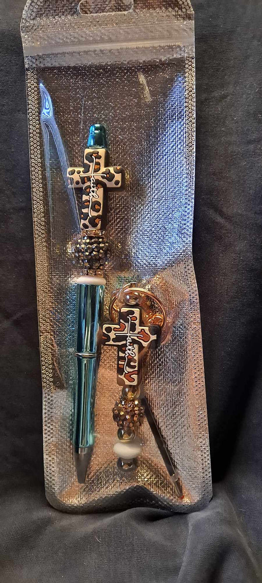 Faith cross focal holographic teal pen and keychain set