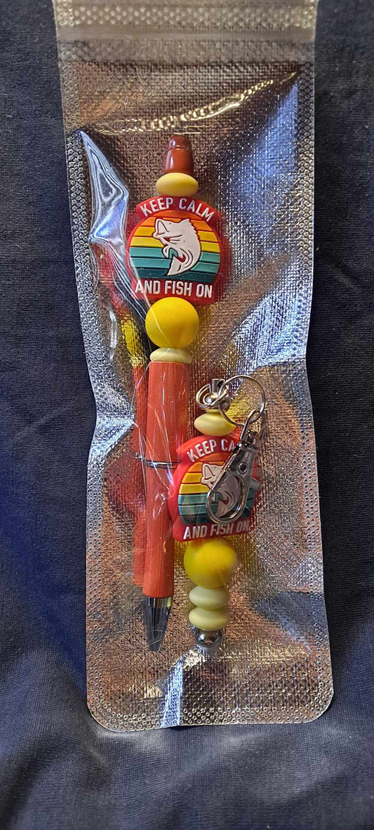 Keep calm and fish on focal orange pen keychain set