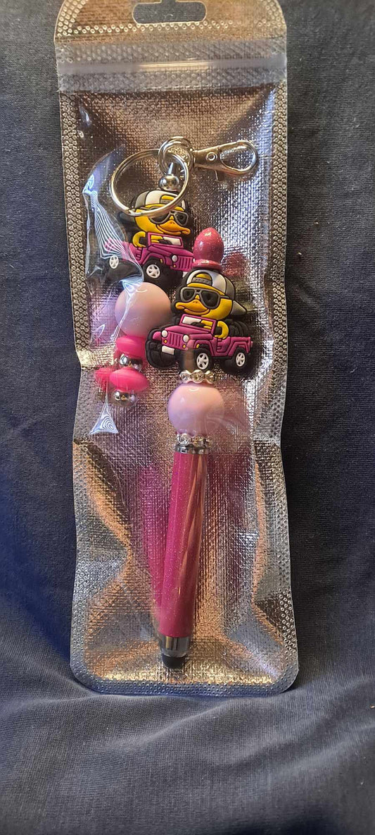 Pink Jeep rubber duck focal pink stylus and keychain set
